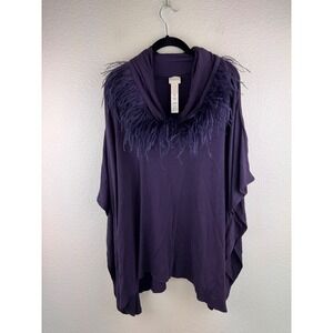 Chicos Purple Cowl Neck Feather Trim Poncho‎ Top L XL Lagenlook Cocktail Luxe
